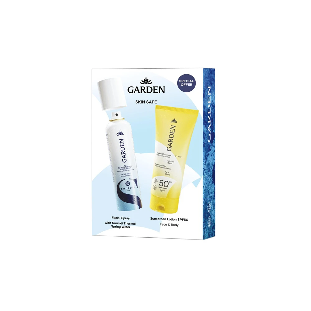 Garden Skin Safe Garden x Souroti Thermal Spring Water Facial Spray 150ml & Sunscreen Lotion With Pomegranate Extract Face & Body SPF50 200ml