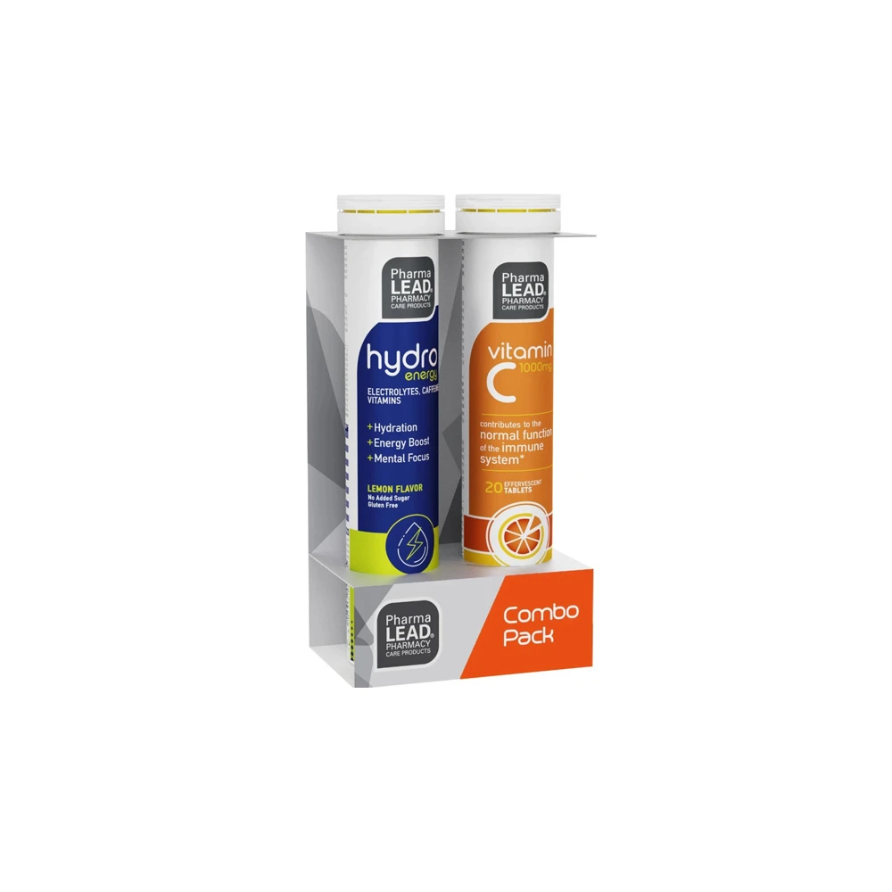 Pharmalead Promo (1+1 Δώρο) Hydro Energy Electrolytes Caffeine & Vitamins Lemon Συμπλήρωμα Διατροφής Ηλεκτρολυτών Βιταμινών & Καφεΐνης 20 αναβράζοντα δισκία & Vitamin C 1000mg Orange Συμπλήρωμα Διατροφής Με Βιταμίνη C 20 αναβράζοντα δισκία