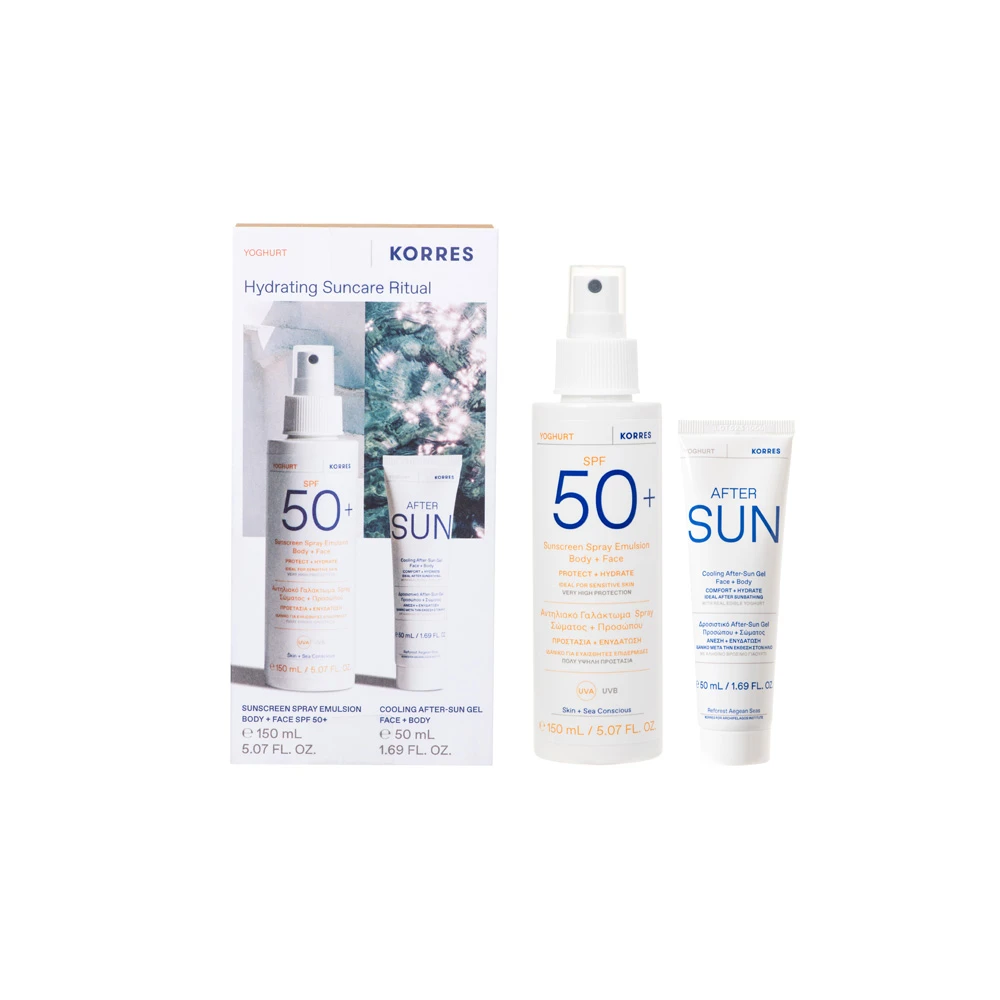 Korres Promo Yoghurt Body & Face SPF50 Hydrating Suncare Ritual Yoghurt Sunscreen Spray Emulsion Body & Face SPF50+ 150ml & Cooling After-Sun Gel Face & Body 50ml