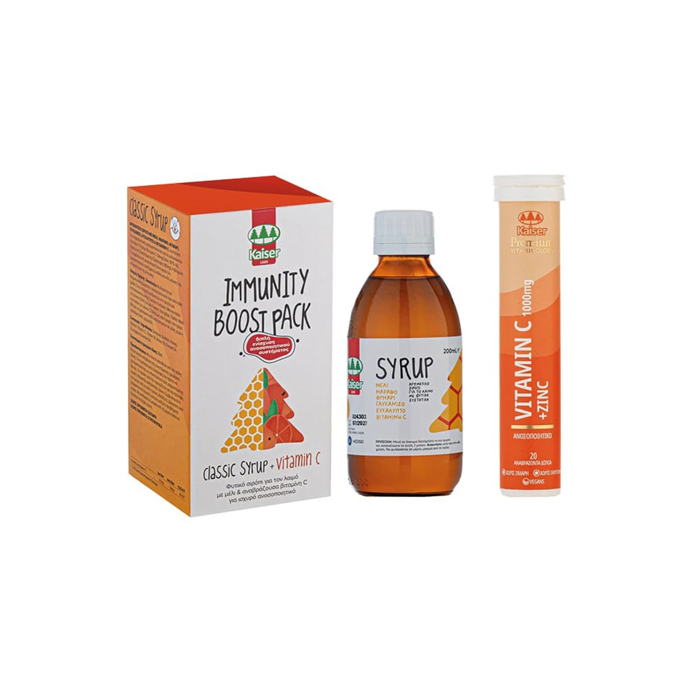 Kaiser Promo Immunity Boost Classic Syrup Σιρόπι Για Τον Λαιμό 200ml & Vitamin C 1000mg + Zinc Αναβράζουσα Βιταμίνη C & Ψευδάργυρο 20 αναβράζοντα δισκία
