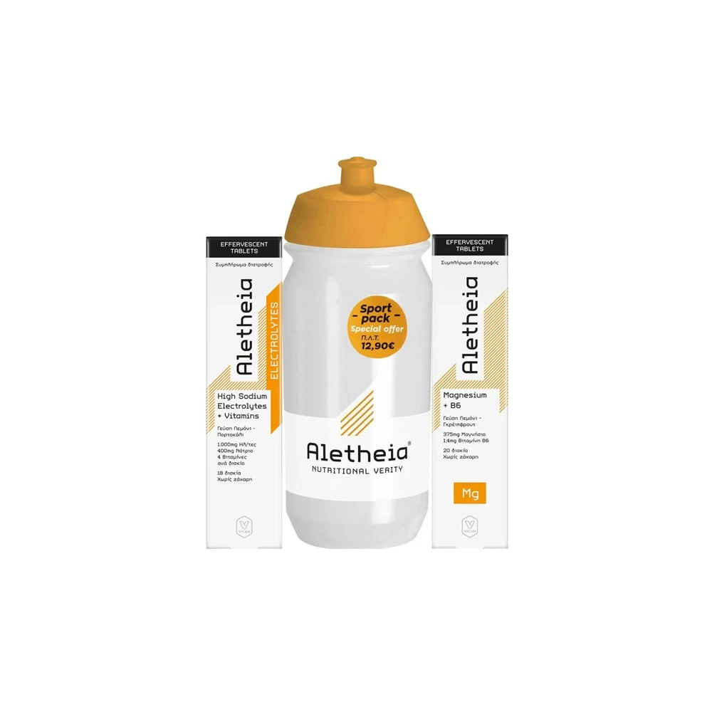 Aletheia Promo Sport Pack High Sodium Electrolytes & Vitamins Συμπλήρωμα Διατροφής Ηλεκτρολυτών & Βιταμινών 18 αναβράζοντα δισκία & Magnesium & B6 Συμπλήρωμα Διατροφής Μαγνησίου & Βιταμίνης B6 20 αναβράζοντα δισκία & Aletheia Μπουκάλι 500ml