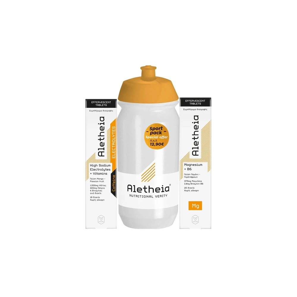 Aletheia Promo Sport Pack High Sodium Electrolytes & Vitamins & Caffeine Συμπλήρωμα Διατροφής Ηλεκτρολυτών & Βιταμινών 18 αναβράζοντα δισκία & Magnesium & B6 Συμπλήρωμα Διατροφής Μαγνησίου & Βιταμίνης B6 20 αναβράζοντα δισκία & Aletheia Μπουκάλι 500ml