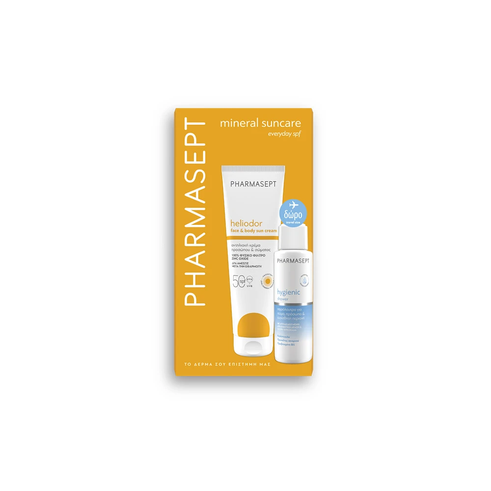 Pharmasept Promo Heliodor Face & Body Sun Cream SPF50 150ml & Gift Travel Size Hygienic Shower Cream 100ml