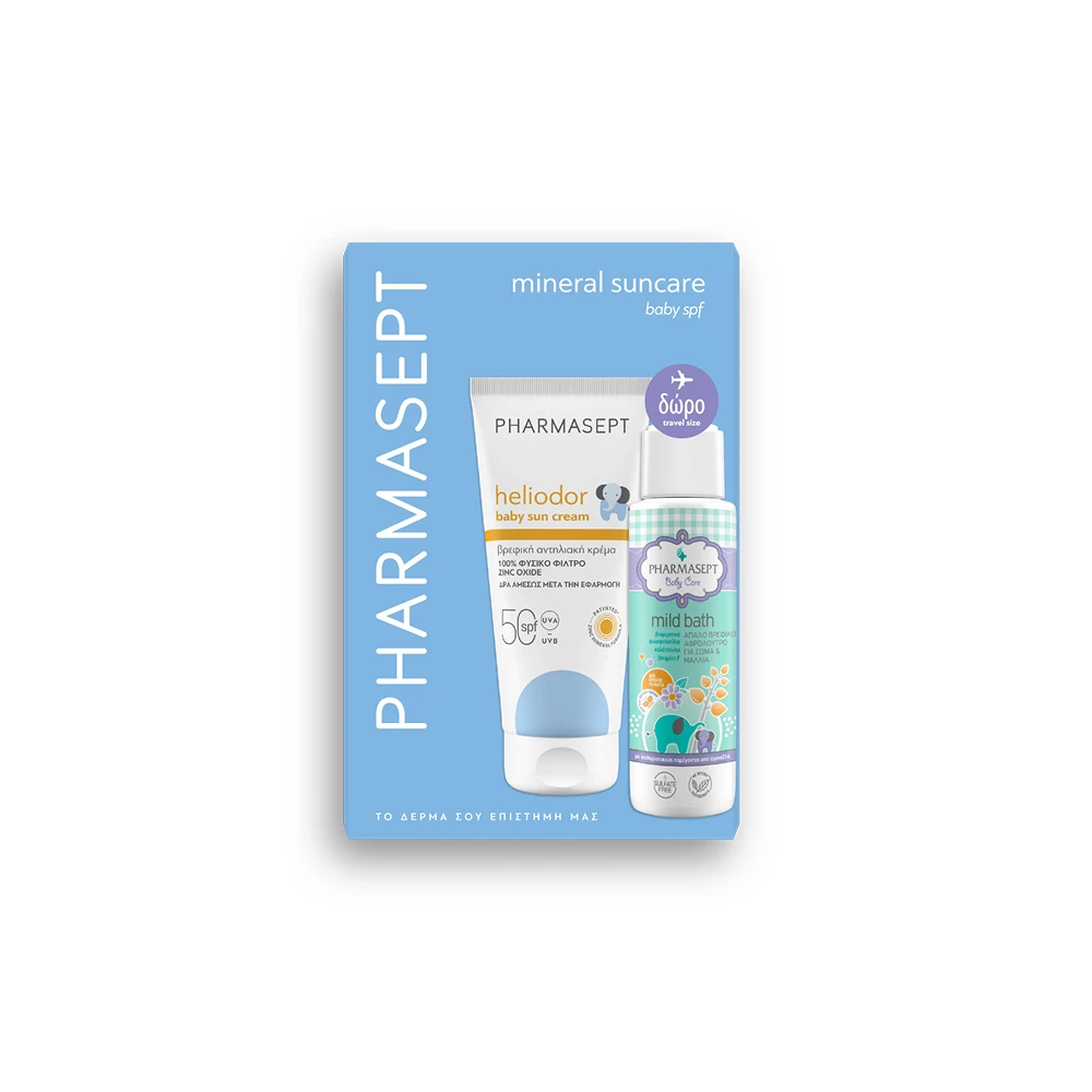 Pharmasept Promo Mineral Suncare Baby Heliodor Sun Cream SPF50 100ml & Gift Travel Size Baby Care Mild Bath Shower Gel 100ml