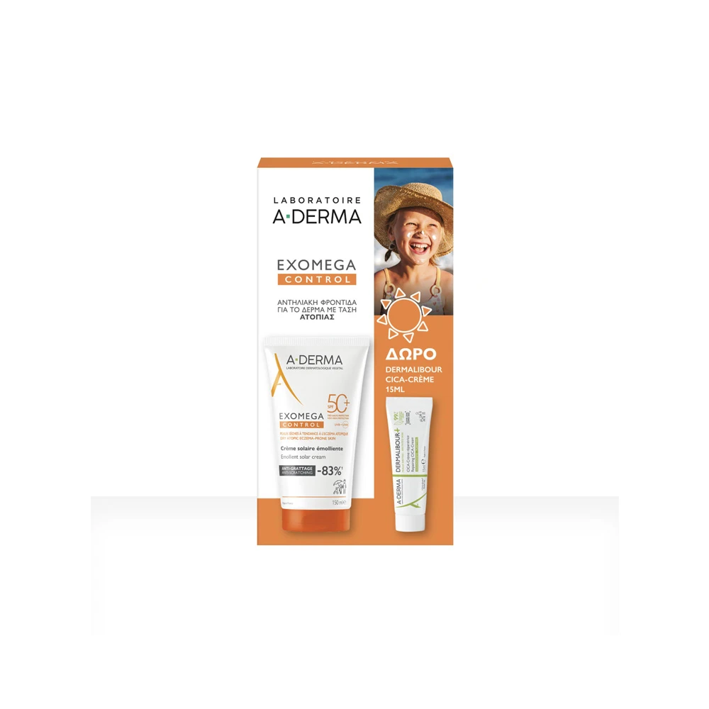 A-Derma Promo Exomega Control Emollient Solar Cream Αντηλιακό Γαλάκτωμα Για Ξηρές & Ατοπικές Επιδερμίδες SPF50+ 50ml & Δώρο Dermalibour + Cica Εξυγιαντική Επανορθωτική Κρέμα 15ml