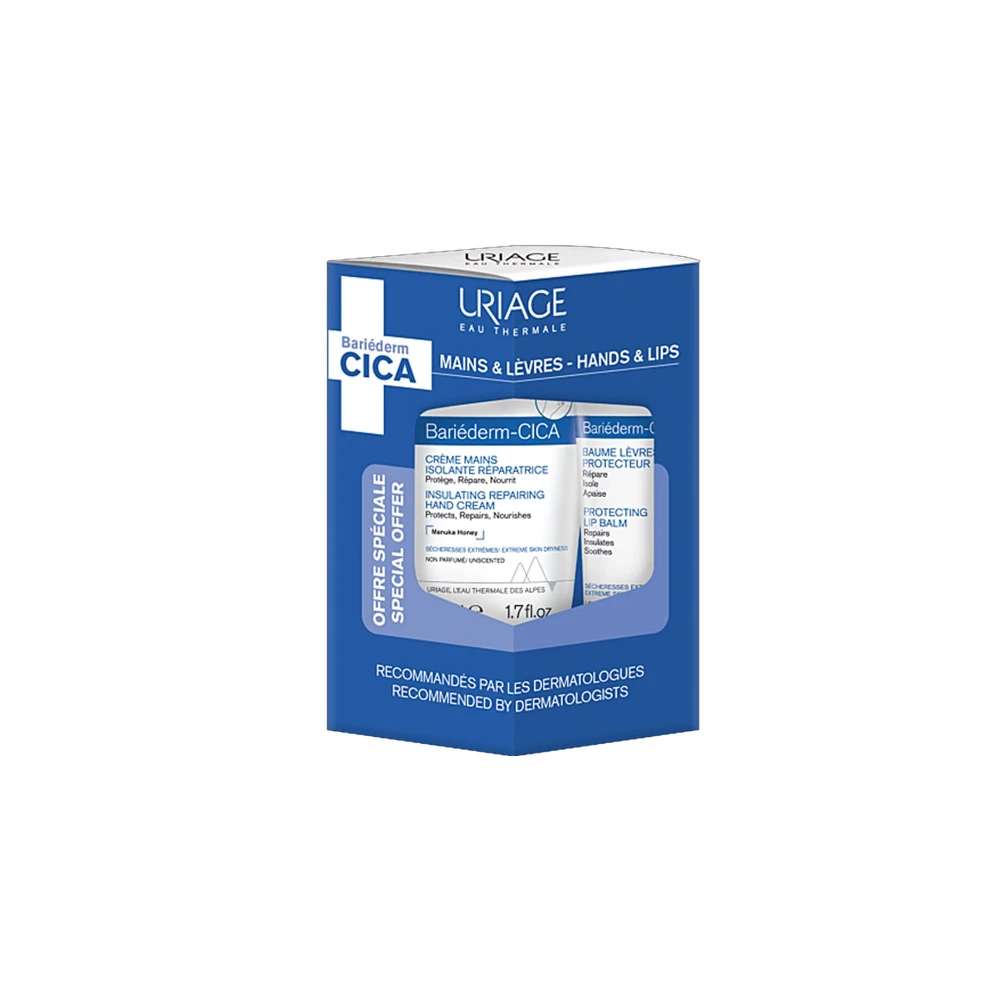 Uriage Promo Bariederm Cica Hands Regenerating Hand Cream, 50ml & Gift Bariederm Cica Lips Restorative Lip Balm, 15ml, 1set
