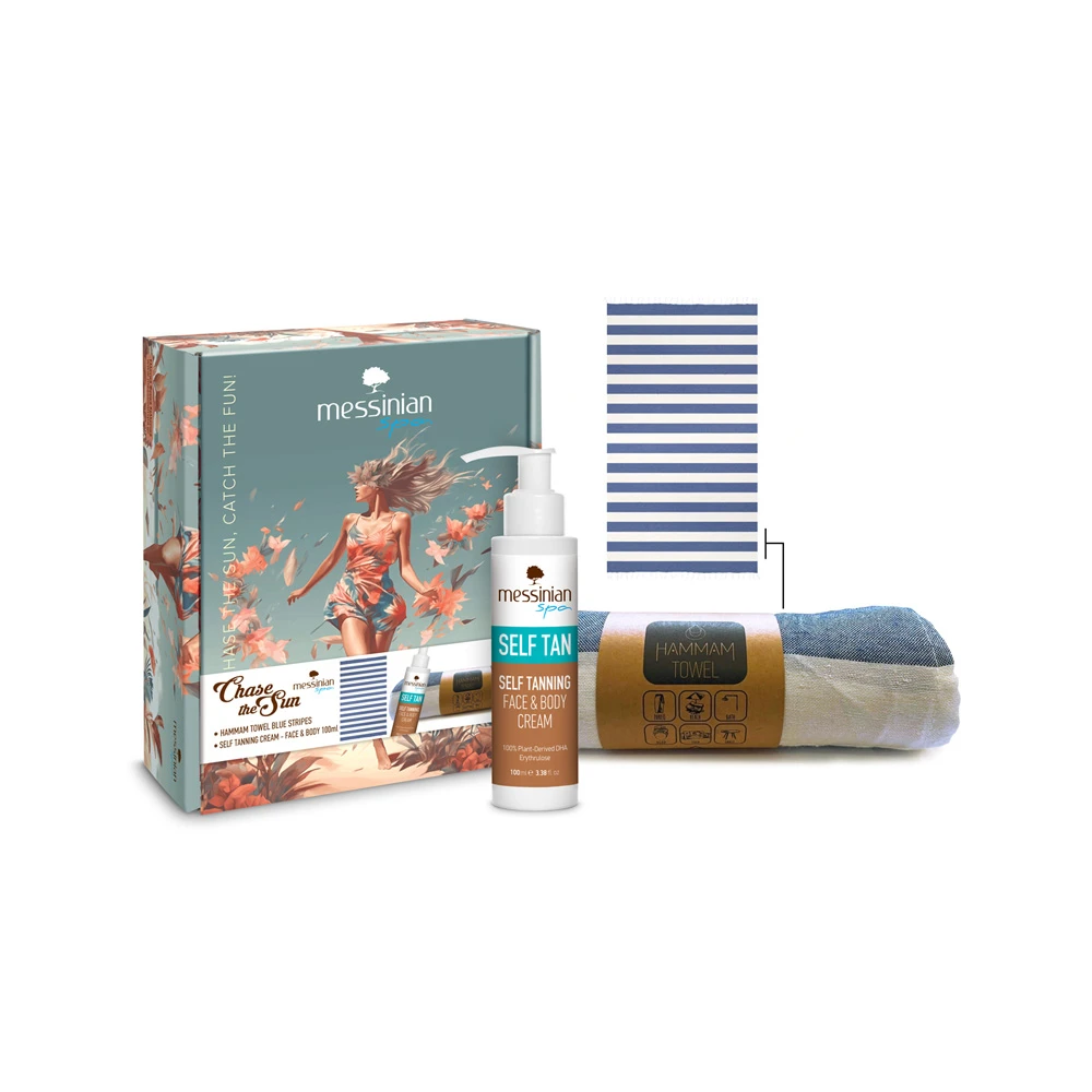 Messinian Spa Promo Chase The SunSelf Tanning Face & Body Cream Κρέμα Για Πρόσωπο & Σώμα 100ml & Δώρο Πετσέτα Θαλάσσης Hammam Blue Stripes 1 τεμάχιο