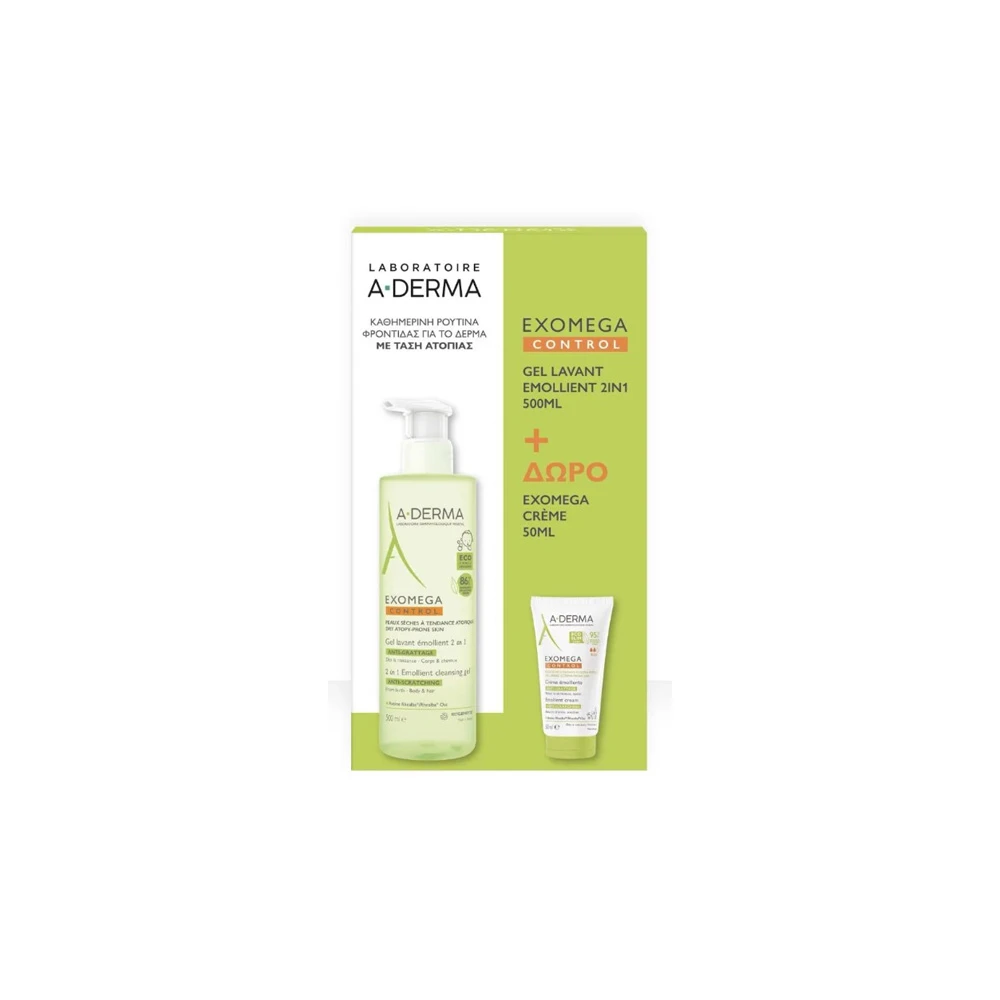 A-Derma Promo Exomega control Μαλακτικό Τζελ Καθαρισμού 500ml & Δώρο Μαλακτική Κρέμα Κατά Του Αισθήματος Του Κνησμού Για Πρόσωπο & Σώμα 50ml