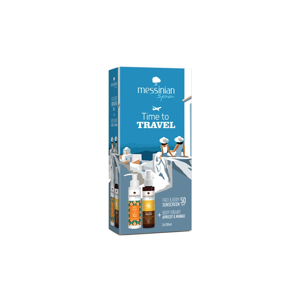 Messinian Spa Promo Time to Travel Face & Body Sunscreen Αντηλιακό Προσώπου & Σώματος SPF50 100ml & Body Yogurt Apricot & Mango Ενυδατική Κρέμα Χεριών & Σώματος Βερύκοκο & Μάνγκο 100ml