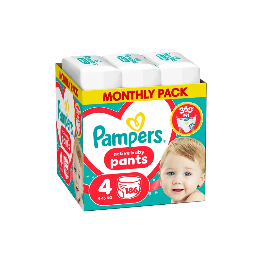 Pampers Active Baby Πάνα Βρακάκι Μέγεθος 4 (9kg-15kg) 186 πάνες