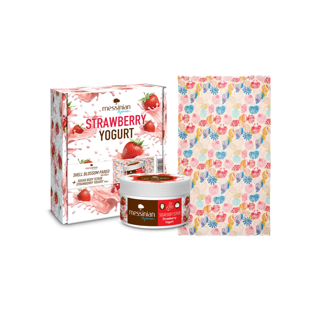 Messinian Spa Promo Sugar Body Scrub With Strawberry Yogurt Με Φράουλα Γιαούρτι 250ml & Δώρο Παρεό Shell Blossom 1 τεμάχιο