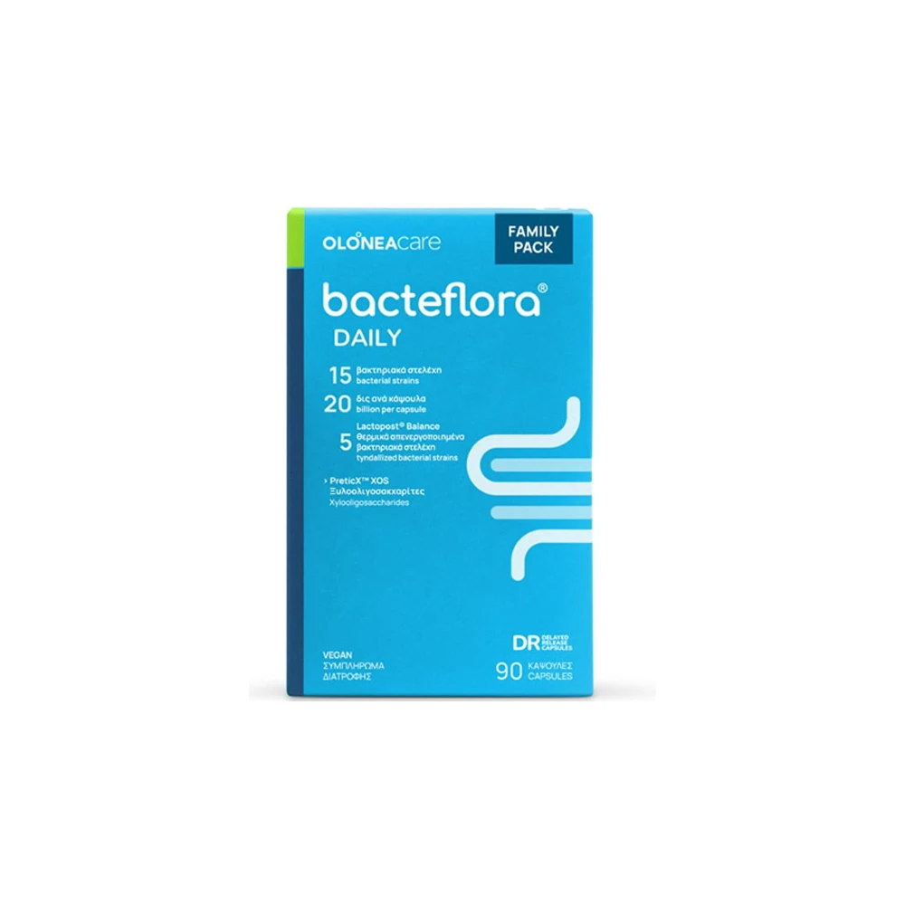 Olonea Bacteflora Daily Για Την Καθημερινή Ομαλή Λειτουργία Του Γαστρεντερικού Συστήματος Με Προβιοτικά Πρεβιοτικά & Μεταβιοτικά 90 κάψουλες