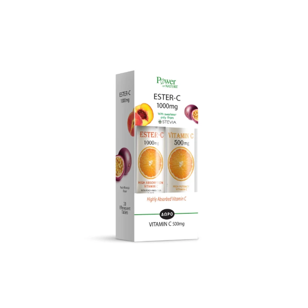 Power Health Promo (1+1 Gift) Ester C Dietary Supplement 1000mg Peach Flavor 20 effervescent tablets & Gift Vitamin C 500mg Orange Flavor 20 effervescent tablets