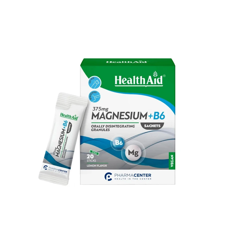 Health Aid Magnesium 375mg & B6 Dietary Supplement For Healthy Muscle Bone And Tooth Function Lemon Flavor 20 Sachets