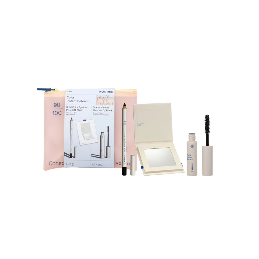 Korres Promo Color Instant Retouch Με Solid Color Eyeliner Pencil Μολύβι Ματιών 01 Black 1.2gr & Drama Volume Mascara Μάσκαρα Για Έντονο Μήκος & Όγκο 01 Black 4ml & Δώρο Καθρέφτης 1 τεμάχιο & Νεσεσέρ 1 τεμάχιο