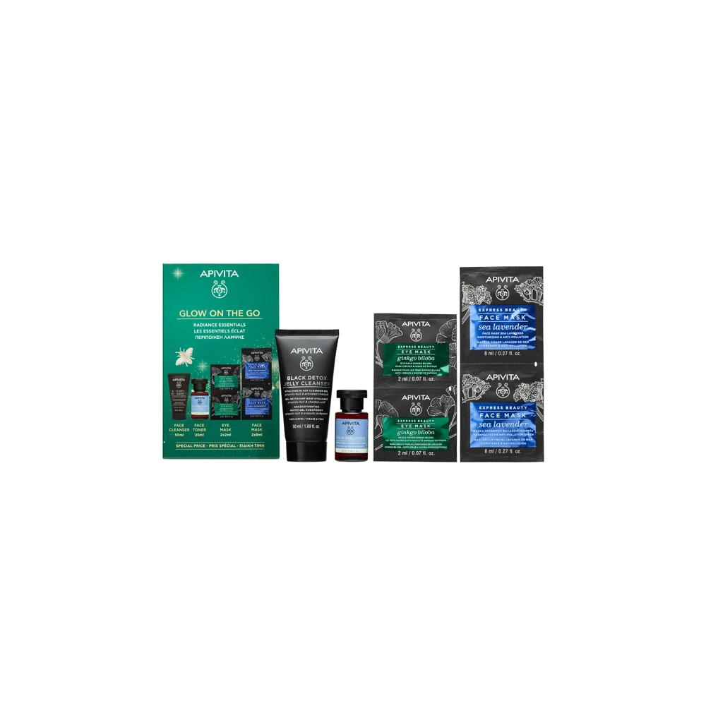 Apivita Promo Glow On The Go With Black Cleansing Gel Face & Eyes 50ml & Aqua Beelicious Moisturizing Lotion Against Imperfections 20ml Ginkgo Biloba Eye Mask 2x2ml & Sea Lavender Mask 2x8ml
