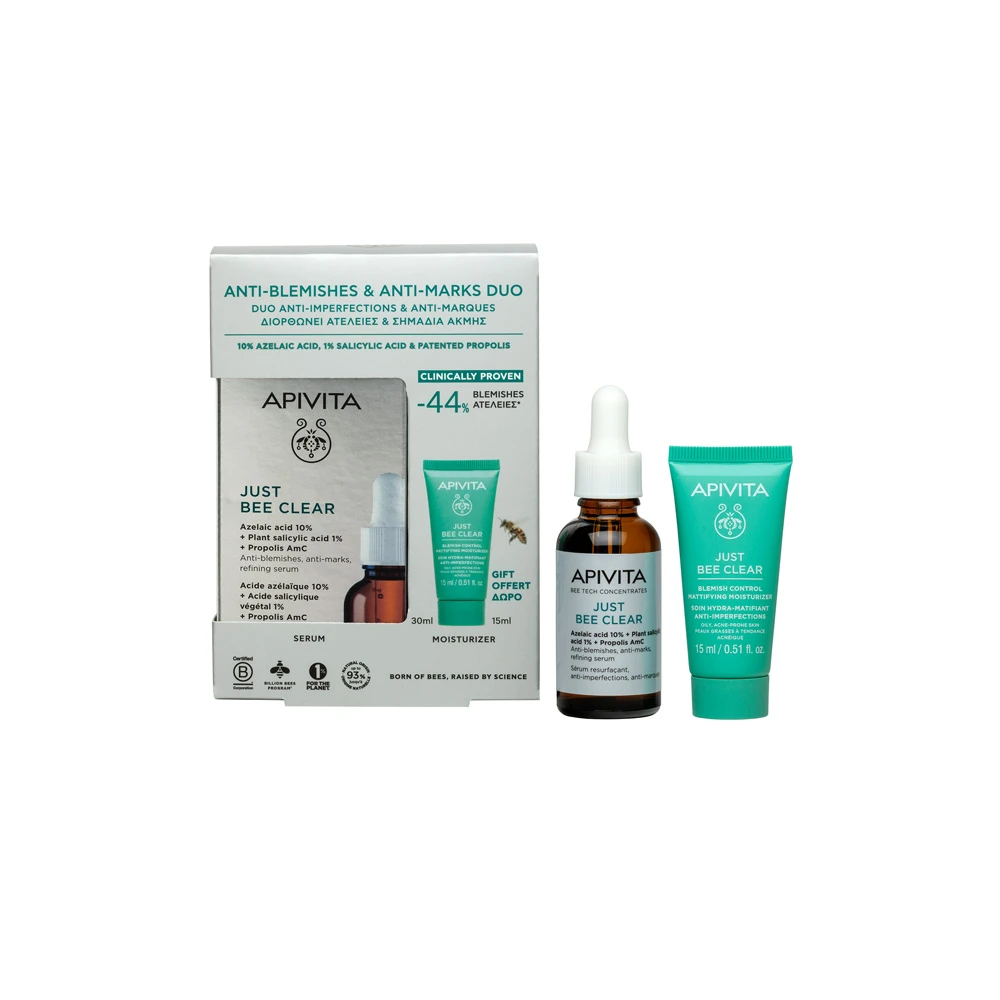 Apivita Promo Anti-Blemishes & Anti-Marks Duo Με Just Bee Clear Serum Ορός Λείανσης Για Ατέλειες & Σημάδια Ακμής 30ml & Δώρο Just Bee Clear Moisturizer Κρέμα Κατά Των Ατελειών Για Ενυδάτωση & Ματ Αποτέλεσμα 15ml