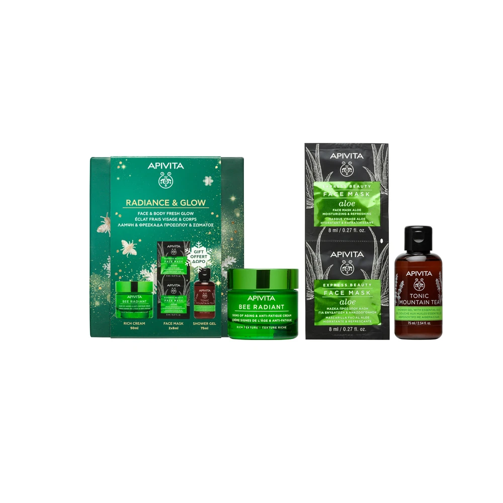 Apivita Promo Radiance & Glow Με Bee Radiant Rich Cream Κρέμα Για Σημάδια Γήρανσης & Ξεκούραστη Όψη Πλούσιας Υφής 50ml & Δώρο Tonic Mountain Tea Αφρόλουτρο Με Αιθέρια Έλαια 75ml & Δώρο Express Beauty Μάσκα Προσώπου Με Αλόη 2x8ml