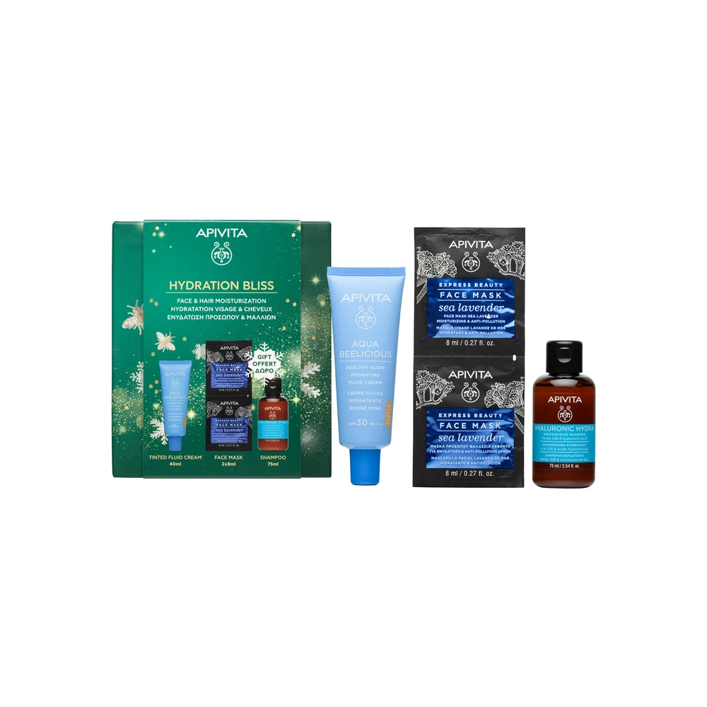 Apivita Hydration Bliss Promo With Aqua Beelicious Light Texture Tinted Moisturizing Day Cream SPF30 40ml & Free Express Beauty Sea Lavender Mask 2x8ml & Free Hyaluronic Hydra Moisturizing Shampoo 75ml