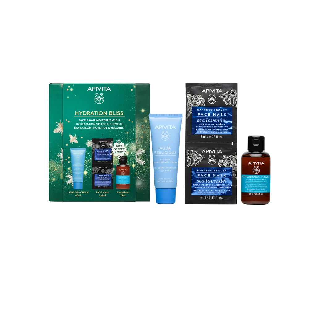 Apivita Hydration Bliss Promo With Aqua Beelicious Oil Free Hydrating Gel Cream Light Texture 40ml + Free Express Beauty Sea Lavender Face Mask 2x8ml + Free Hyaluronic Hydra Moisturizing Shampoo 75ml