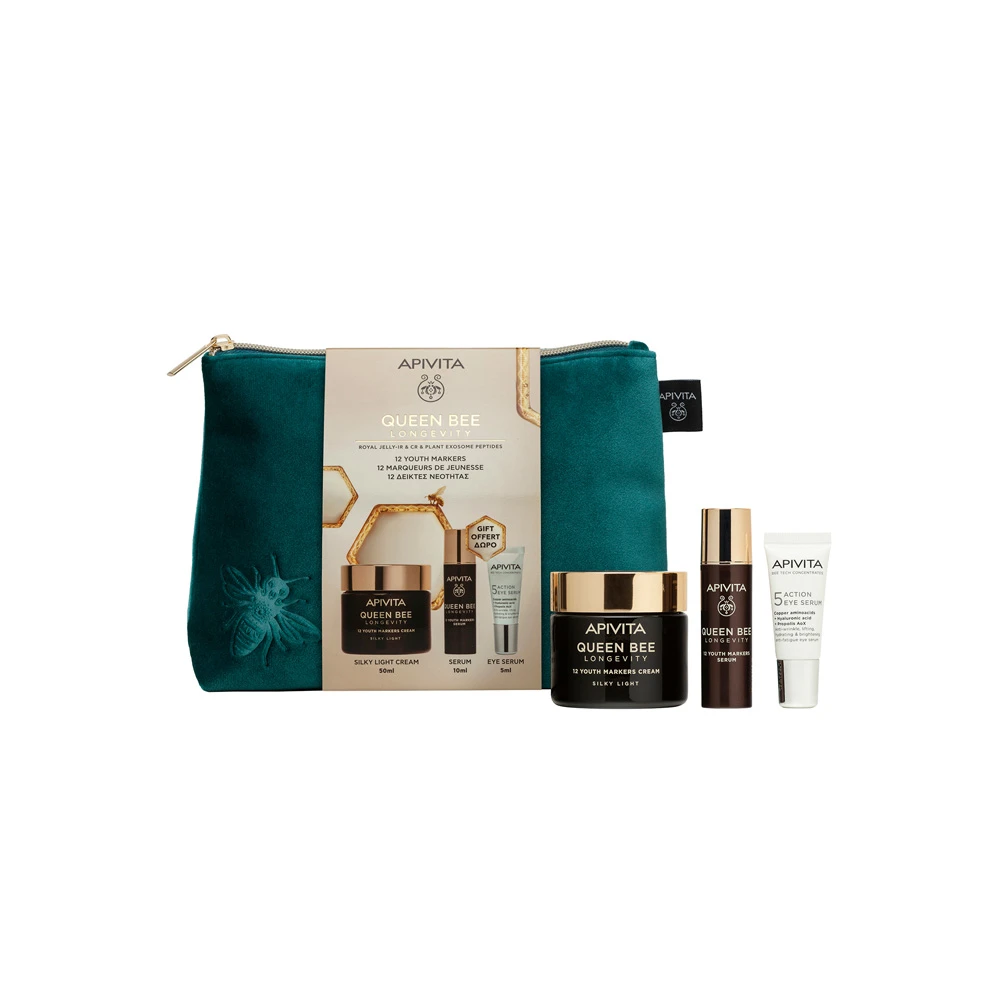 Apivita Promo Queen Bee Longevity 12 Youth Markers Με Silky Light Cream 50ml & Gift Serum 10ml & 5-Action Eye Serum With White Lily 5ml + Neseser 1 picie