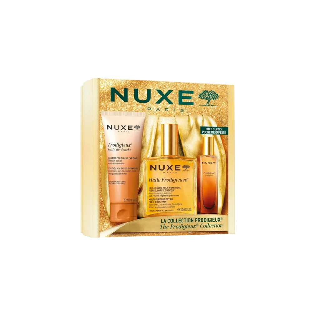 Nuxe The Prodigeux Promo Huile Prodigieuse Moisturizing Oil For Face Body & Hair 100ml & Prodigieux Huile de Douche Shower Oil 100ml & Prodigieux Le Parfum Women’s Fragrance 15ml & Gold Pouch 1 piece