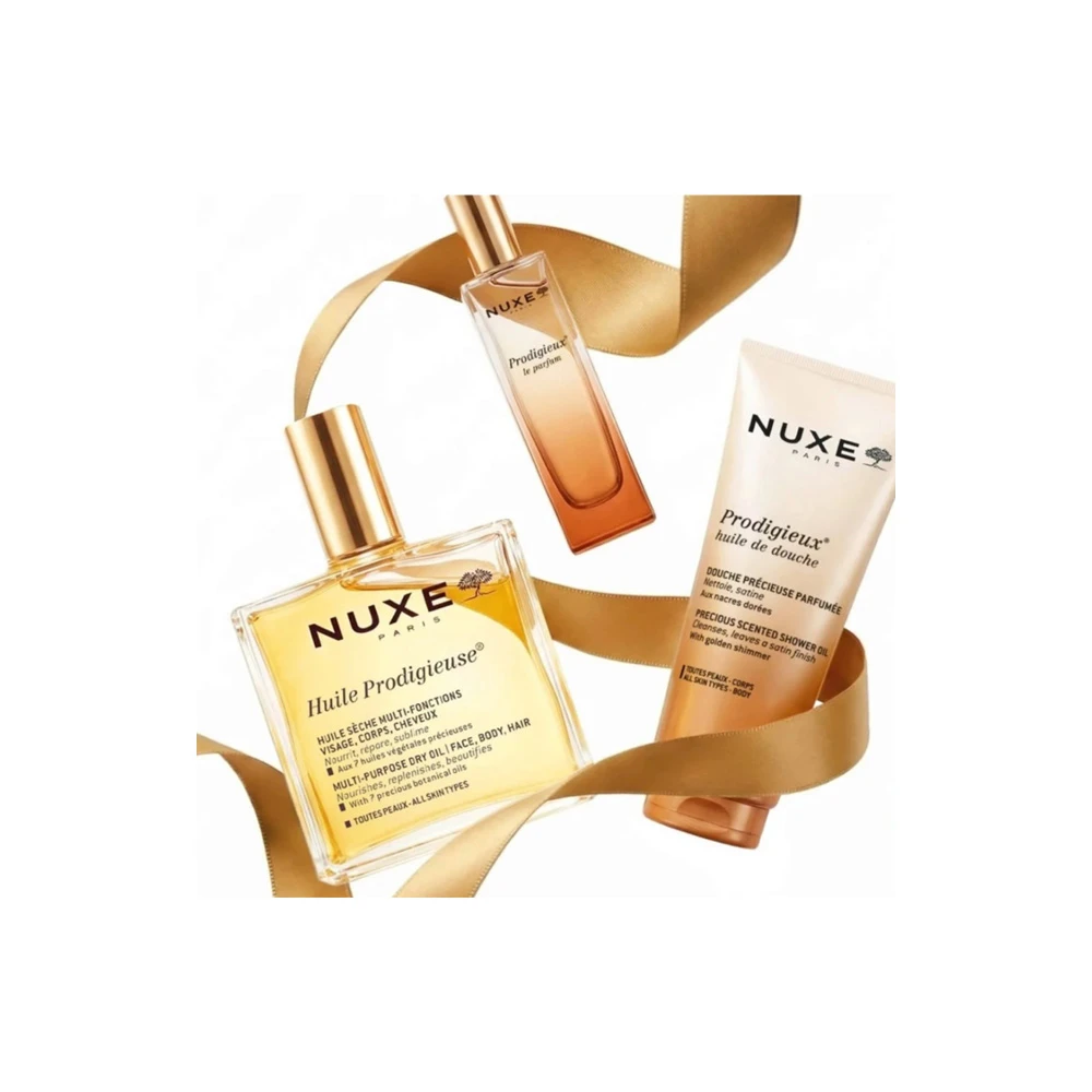 Nuxe The Prodigeux Promo Huile Prodigieuse Moisturizing Oil For Face Body & Hair 100ml & Prodigieux Huile de Douche Shower Oil 100ml & Prodigieux Le Parfum Women’s Fragrance 15ml & Gold Pouch 1 piece