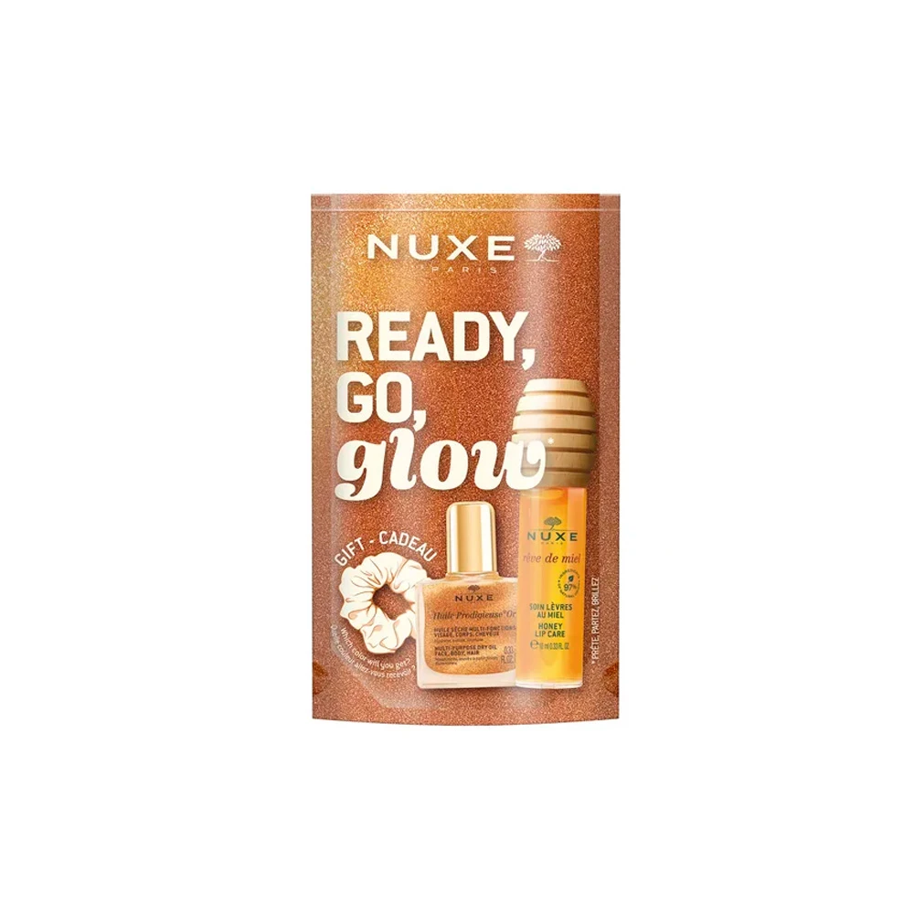 Nuxe Ready Go Glow Promo Set Rêve De Miel Honey Lip Care Oil Gloss 10ml For Lip Hydration Huile Prodigieuse Or Shimmering Dry Oil 10ml For Face Body & Hair Plus A Gift Hair Tie