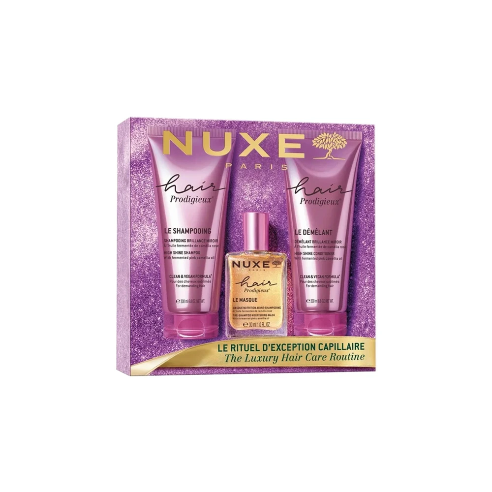 Nuxe Hair Prodigieux Christmas Promo High Shine Shampoo With Pink Camellia Oil Extract 200ml Shine & Hydration Conditioner 200ml & Nourishing Pre-Shampoo Mask 30ml