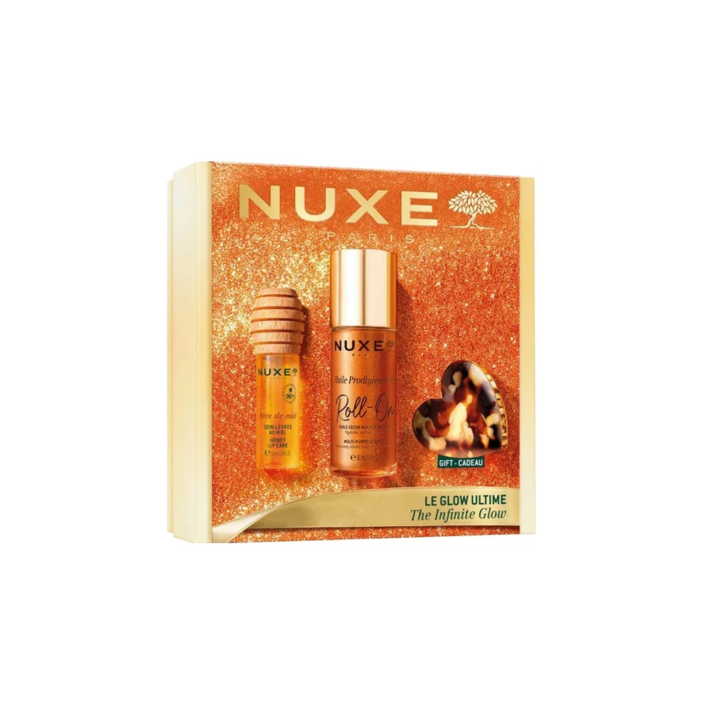 Nuxe Promo The Infinity Glow Huile Prodigieuse Or Ιριδίζον Ξηρό Λάδι Για Πρόσωπο Σώμα & Μαλλιά Σε Roll On 60ml & Honey Lip Care Reve De Miel Honey Lip Care Oil Gloss Για Ενυδάτωση Χειλιών 10ml & Δώρο Κλιπ Μαλλιών 1 τεμάχιο