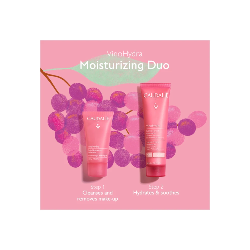 Caudalie VinoHydra Moisturizing Duo Promo for Cleansing & Hydrating the Skin Includes VinoHydra Sorbet Cream Moisturizer60ml + VinoHydra Moisturizing Cleansing Gel for Face & Eyes 30ml