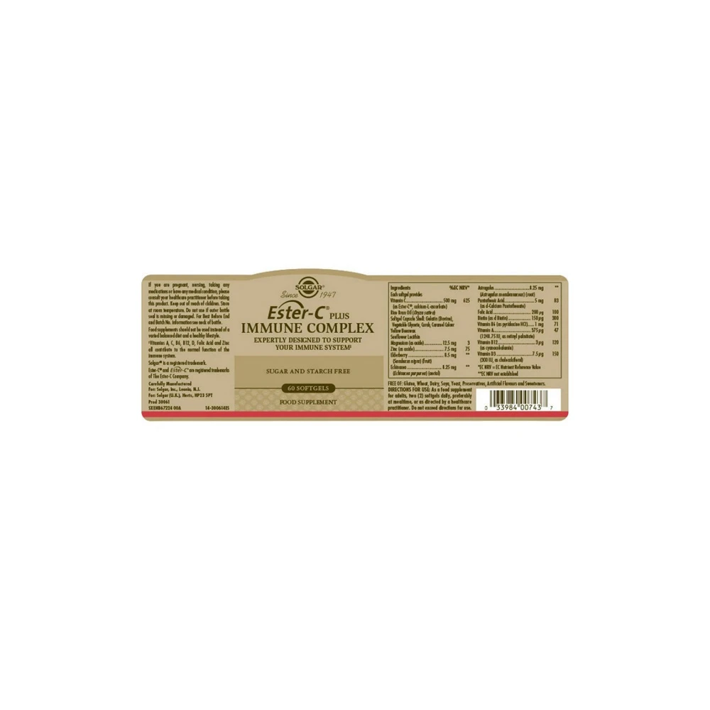 Solgar Ester-C Plus Immune Complex Dietary Supplement for Immune System Support 60 softgels